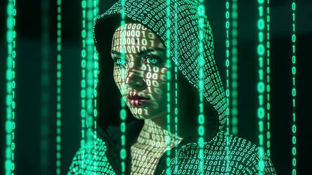 A woman in a dark hoodie with green binary code projected onto her face for a hacker concept.