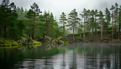 Serene evergreen forest lake reflecting the majestic pines under a soft, misty sky, showcasing the tranquil beauty of untouched wilderness and peaceful solitude