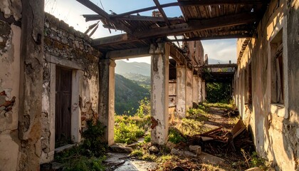 Sun-drenched interior view of a crumbling building, revealing a pathway through the decaying structure and a vista of a landscape beyond.