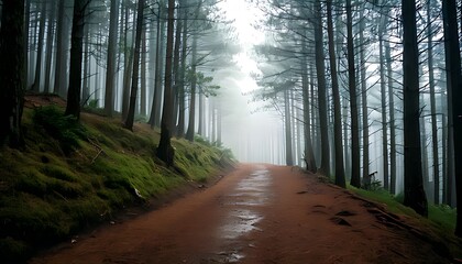 A serene, mist-shrouded forest road lined with tall evergreen trees, bathed in ethereal light