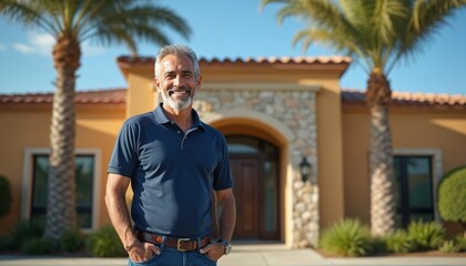 Mature Hispanic man with gray beard smiles confidently outdoors. Wearing blue polo shirt, jeans, standing in front of tan building with palm trees. Represents entrepreneurship, small business