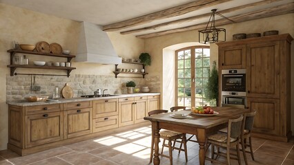 A rustic kitchen with wooden cabinets and a dining table setup near window