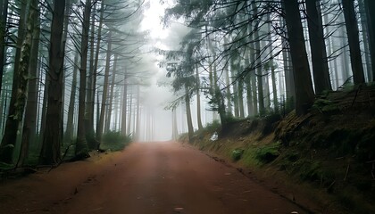 A cinematic view of a mysterious dirt road winding through a dense, foggy evergreen forest, evoking a serene and solitary journey into the heart of nature