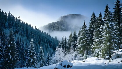 Serene winter mountain forest with snow-covered pine trees and misty peaks, a breathtaking natural landscape