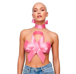  breast cancer awareness - Bald woman wearing pink ribbon as top, jeans, transparent background