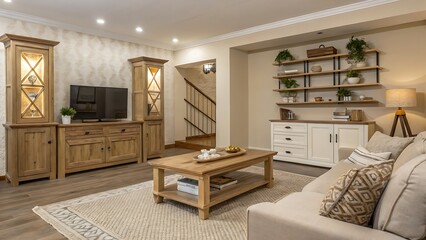 Living room with wooden furniture and shelves with plants decorat