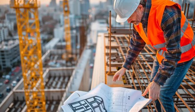 Construction supervisor in white hard hat and orange safety vest reviewing blueprints on high-rise building site, steel rebar reinforcement and concrete construction in progress