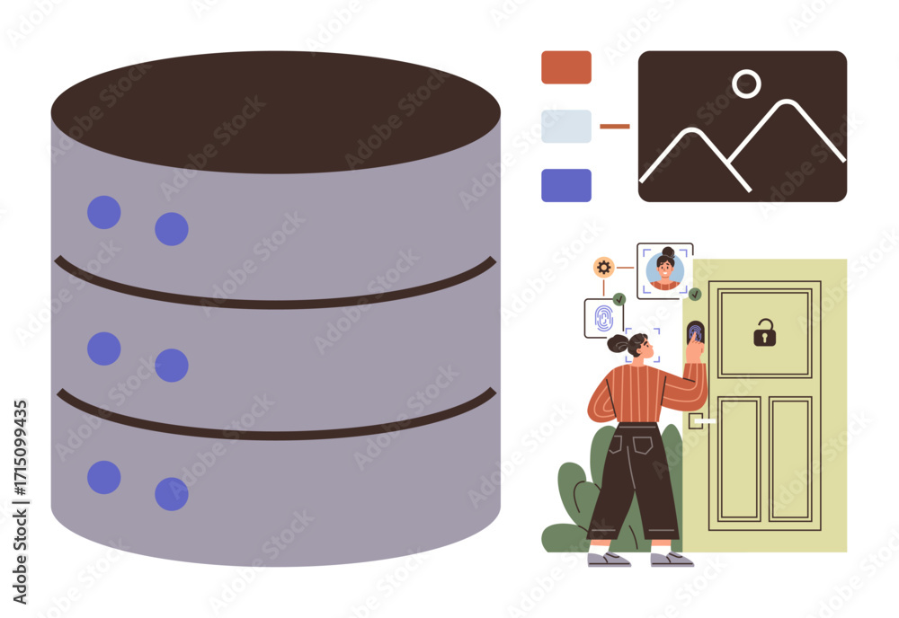 Poster data server stack, user face scan at a locked door, file images, and color references. ideal for dig