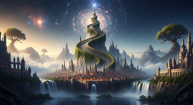 A breathtaking fantasy landscape featuring a majestic spiraling tower ascending to a cosmic sky, surrounded by a magical city, waterfalls, and mystical trees. - Powered by Adobe