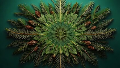 Symmetrical botanical arrangement of fresh evergreen pine branches and cones, forming a decorative holiday pattern against a deep green backdrop