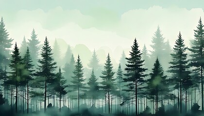 Serene ultra-HD watercolor-style background featuring majestic evergreen pine trees standing tall amidst a misty forest, evoking a tranquil and peaceful natural landscape scene