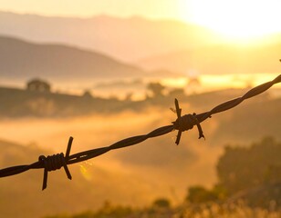 A barbed wire fence stands vigil against a backdrop of misty golden sunrise.