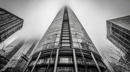 Modern Skyscraper Piercing Foggy Gray Cityscape