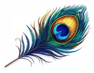 A vibrant peacock feather, detailed and lifelike, displays iridescent blues, greens, golds, and a central "eye".  Shadow subtly cast below