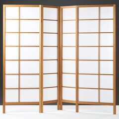 Three-panel room divider; light wood frame, off-white paper inserts, minimalist geometric grid design