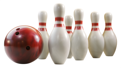 Red bowling ball and white pins on white background isolated on a transparent background 1