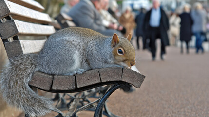 Gray squirrel resting on bench in park with people walking in background, outdoor scene capturing urban wildlife tranquility and social interaction in a bustling setting.