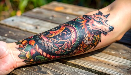 Vibrant forearm tattoo close-up. Snarling wolf's head intricately woven with colorful mythical dragon patterns, showcasing powerful, detailed body art