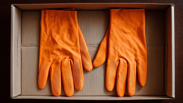 Bright orange cleaning gloves ready for action inside a cardboard box, emphasizing readiness and protection - Powered by Adobe