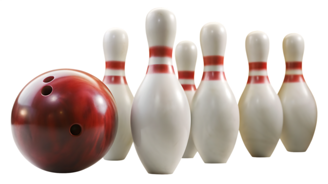 Red bowling ball and white pins on white background isolated on a transparent background 1