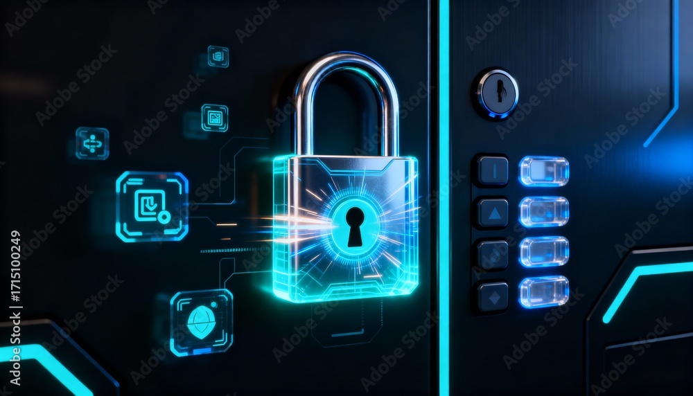 Poster high-tech glowing lock interface in dark background, digital security access panel, sci-fi design