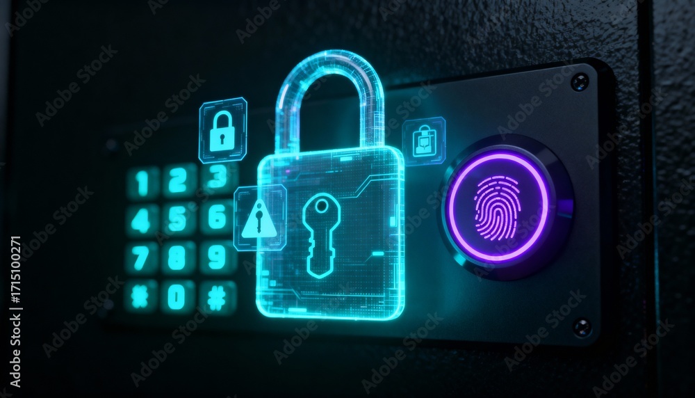Poster high-tech glowing lock interface in dark background, digital security access panel, sci-fi design