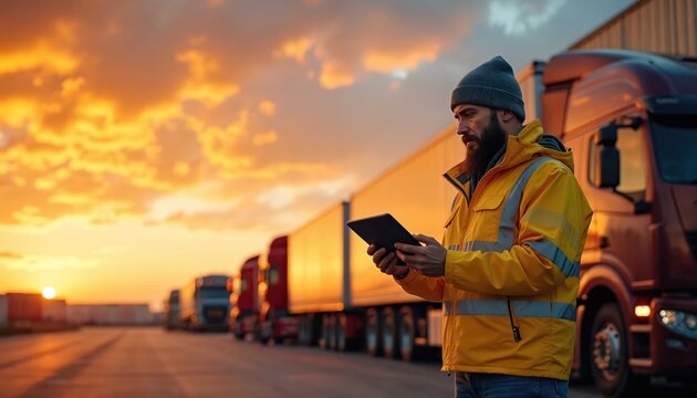 Logistics professional uses tablet at loading dock among trucks, vibrant sunset sky. Man in safety vest plans transportation, manages cargo operations, coordinates delivery, ensures shipping - Powered by Adobe