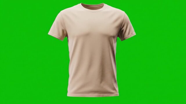 A beige short-sleeved t-shirt on a green screen background, presented as a 3D mockup for design or advertising purposes.