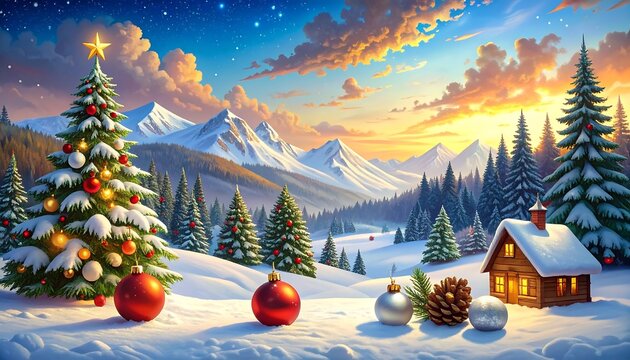 Festive Winter Wonderland Christmas Scene with Decorated Trees and Cozy Cabin - Powered by Adobe