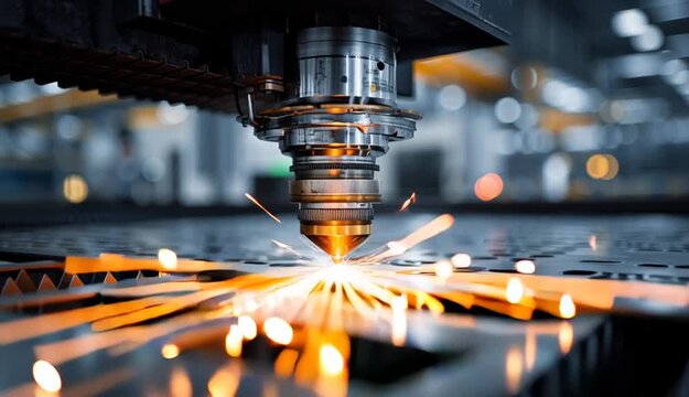 CNC laser cutting machine with bright orange sparks cutting through metal sheet, industrial manufacturing facility with machinery in background