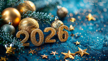 Festive decoration featuring gold ornaments and sparkling stars for New Year celebration