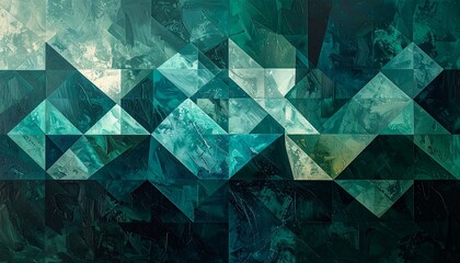 Abstract geometric pattern of teal and emerald triangles, layered and textured.