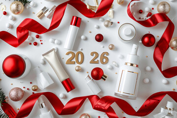 Festive arrangement of skincare products, holiday decorations, and ribbons on a white background for seasonal promotion
