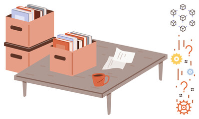 Stack of document boxes on table, papers, coffee cup, and gears. Ideal for office organization, productivity, project planning, teamwork, workflow decision-making simple flat metaphor