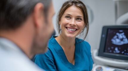 Obraz premium Joyful medical professional shares positive ultrasound results, creating hope and reassurance
