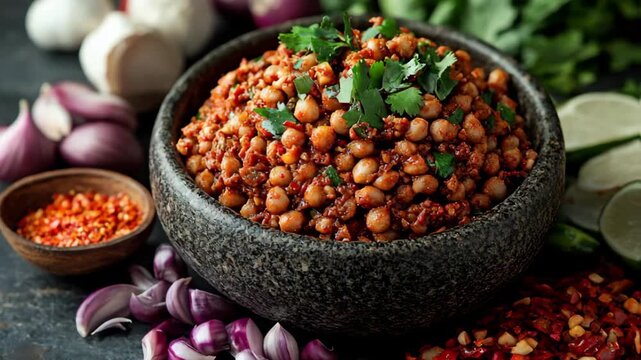 Dynamic close-up shots showcasing a rustic bowl of spicy Chana Masala with fresh herbs and spices.