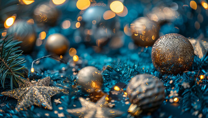 Festive arrangement with golden numbers, ornaments, and sparkly decorations for a New Year celebration in winter season