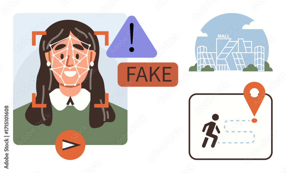Poster face scanning error with fake alert warning, geolocation map with route, modern mall building. ideal