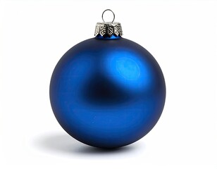 A single, dark-blue, matte Christmas ornament with a silver cap, sits on a white background, casting a subtle shadow