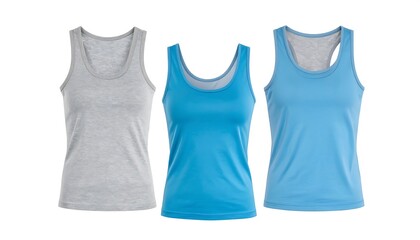 Three women's athletic tank tops in grey, teal, and light blue, against a white background