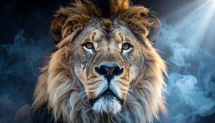 Fototapeta premium Majestic Male Lion Portrait: Golden Mane, Smoky Background
