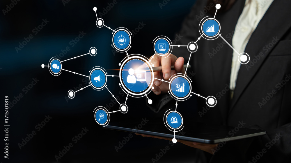 Poster a business person engages with digital connectivity icons on a tablet, representing advanced technol