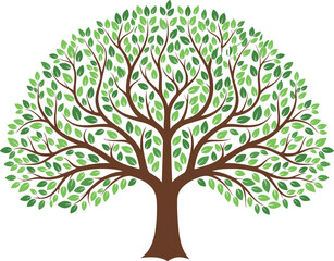 Fototapeta premium Stylized green tree with rounded canopy, symmetrical branches, vibrant leaves, nature illustration for eco design, sustainability, forest, and environment themes