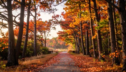Obraz premium Autumnal Pathway: Sunlit Road Through Vibrant Fall Foliage