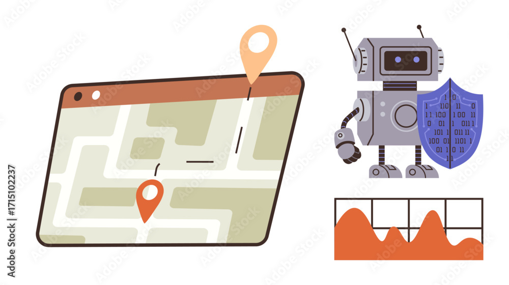 Poster robot with shield representing cybersecurity, digital map navigation with pins, and graph chart show