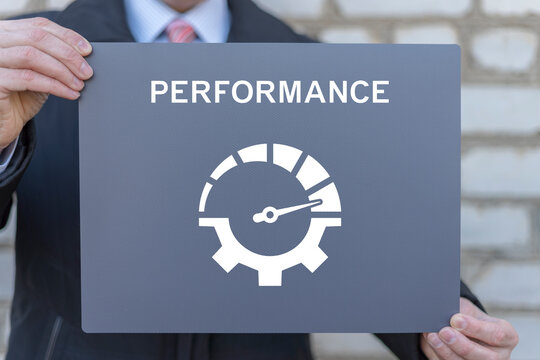 Performance Productivity Efficiency Business Finance concept. Business person holding template gray banner sees the word PERFORMANCE.
