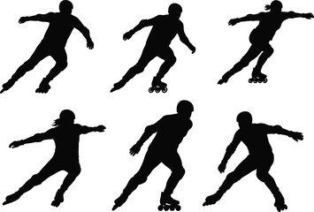 Rollerblading silhouettes, inline skating action, sports illustration, dynamic motion, athlete balance, skating tricks, urban lifestyle, training concept