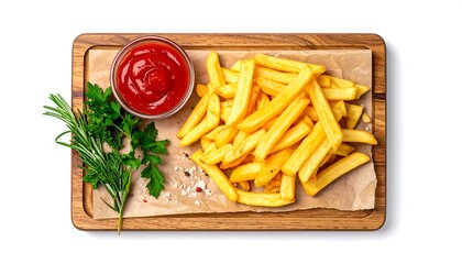 Golden french fries, a generous portion, are served with a side of tomato sauce on a wooden platter.