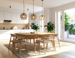Bright and airy dining room with natural light, wooden table, and comfortable chairs