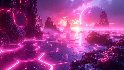 A vibrant, futuristic landscape bathed in glowing pink light, showcasing hexagonal structures and rocky formations against a captivating sunset.